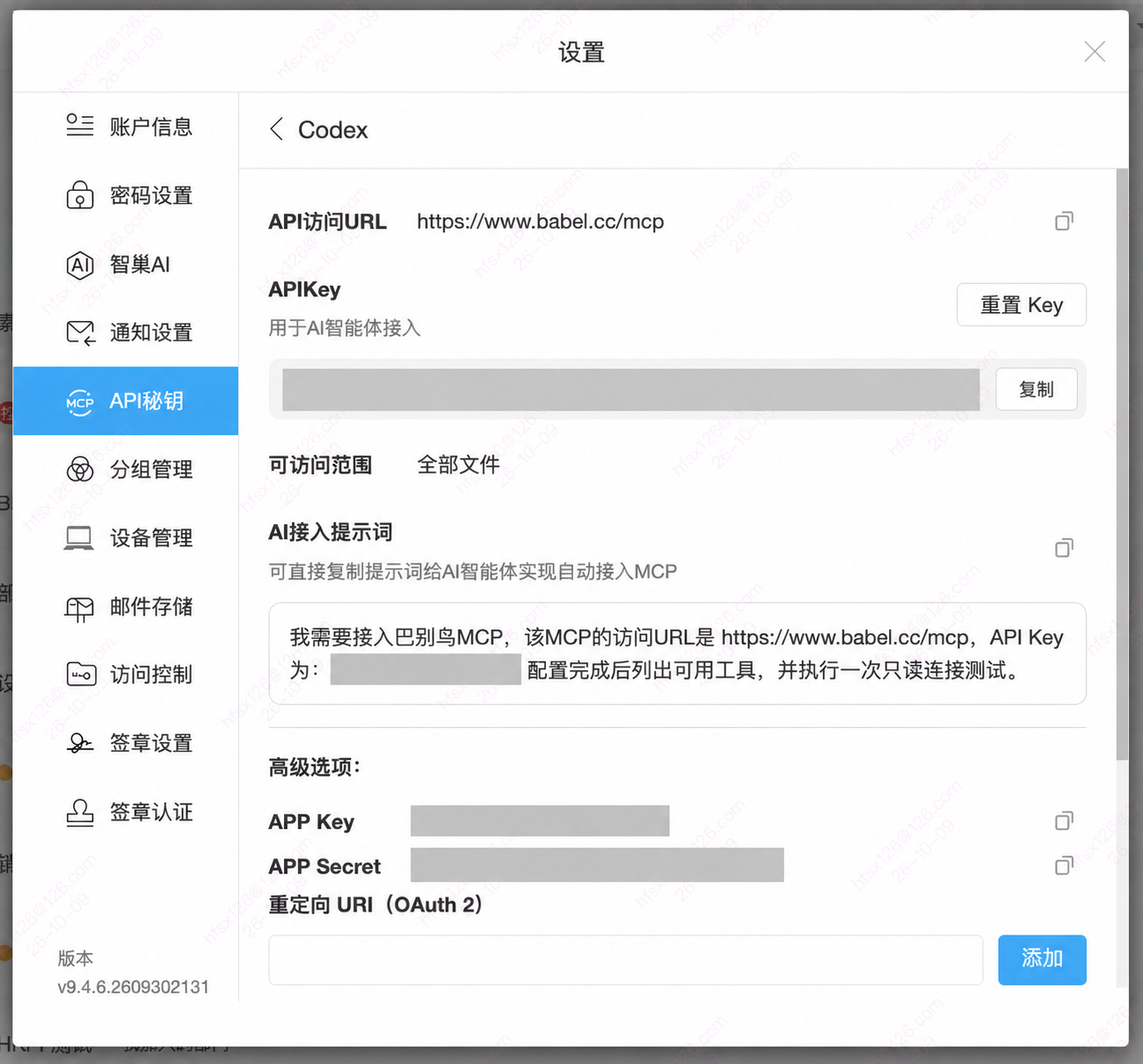 API 访问 URL、APIKey、重置 Key 和 AI 接入提示词